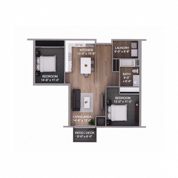 Floor plan for 2 beds, 1 bath, 901 sqft